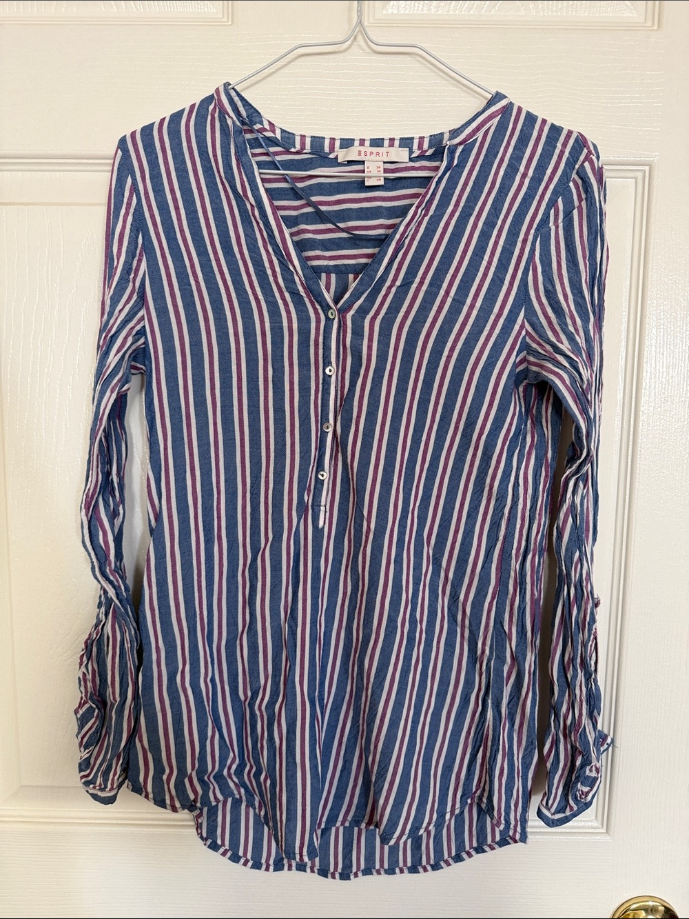 ESPRIT Vertical Stripe Long Sleeve Henley Blouse - Blue, Purple & White